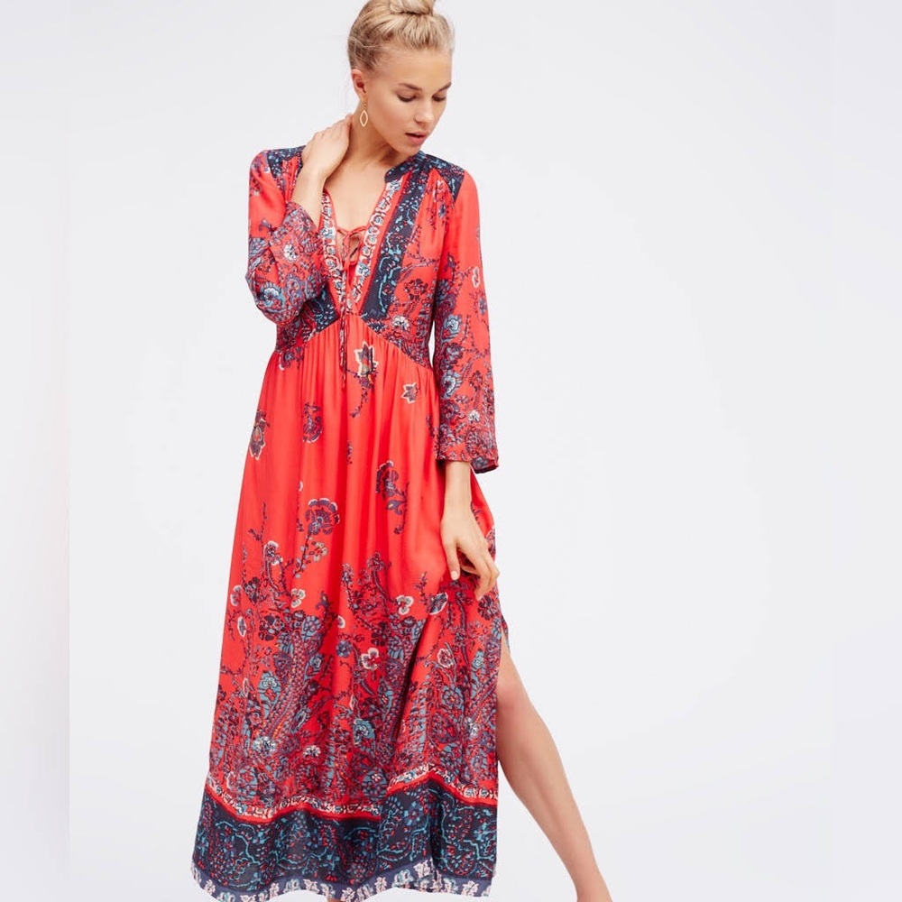Free People Anthropologie If You Only Knew Red Boho Maxi Dress size Small S